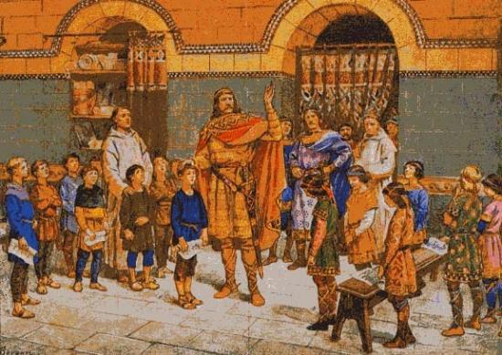 Charlemagne félicitant à sa droite les bons élèves et grondant ceux placés à gauche